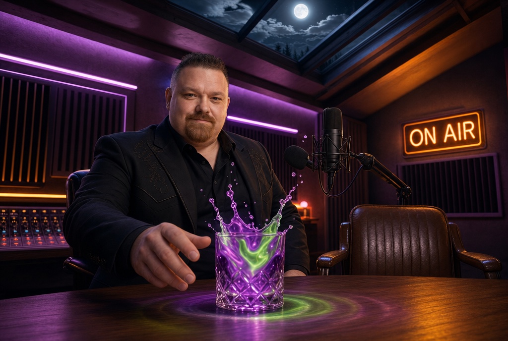 A glowing splash of cosmic koolaid landing in a glass beside the studio microphone